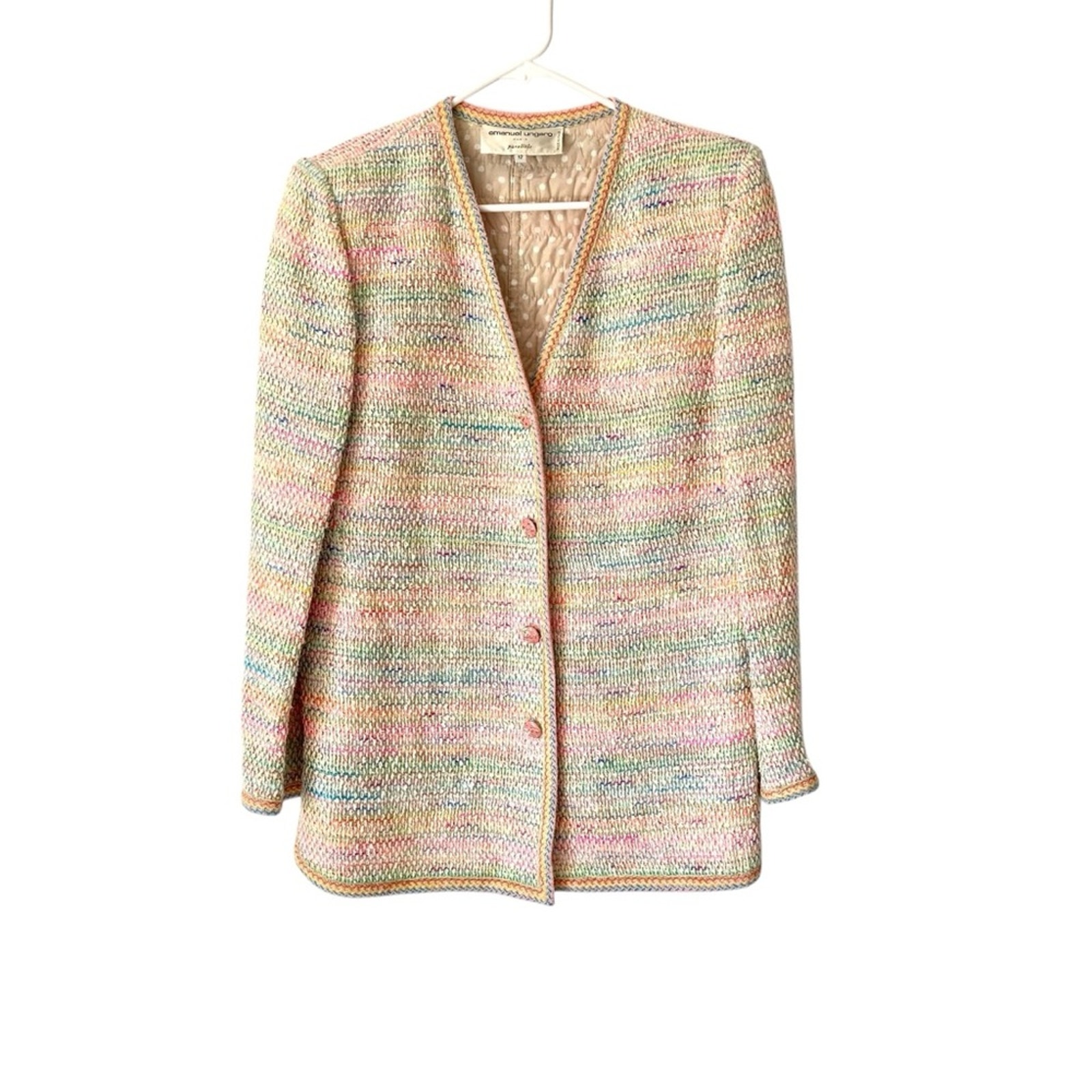 Emanuel Ungaro Confetti Colored Tweed Blazer Jacket Cream Metallic Pink Size 12